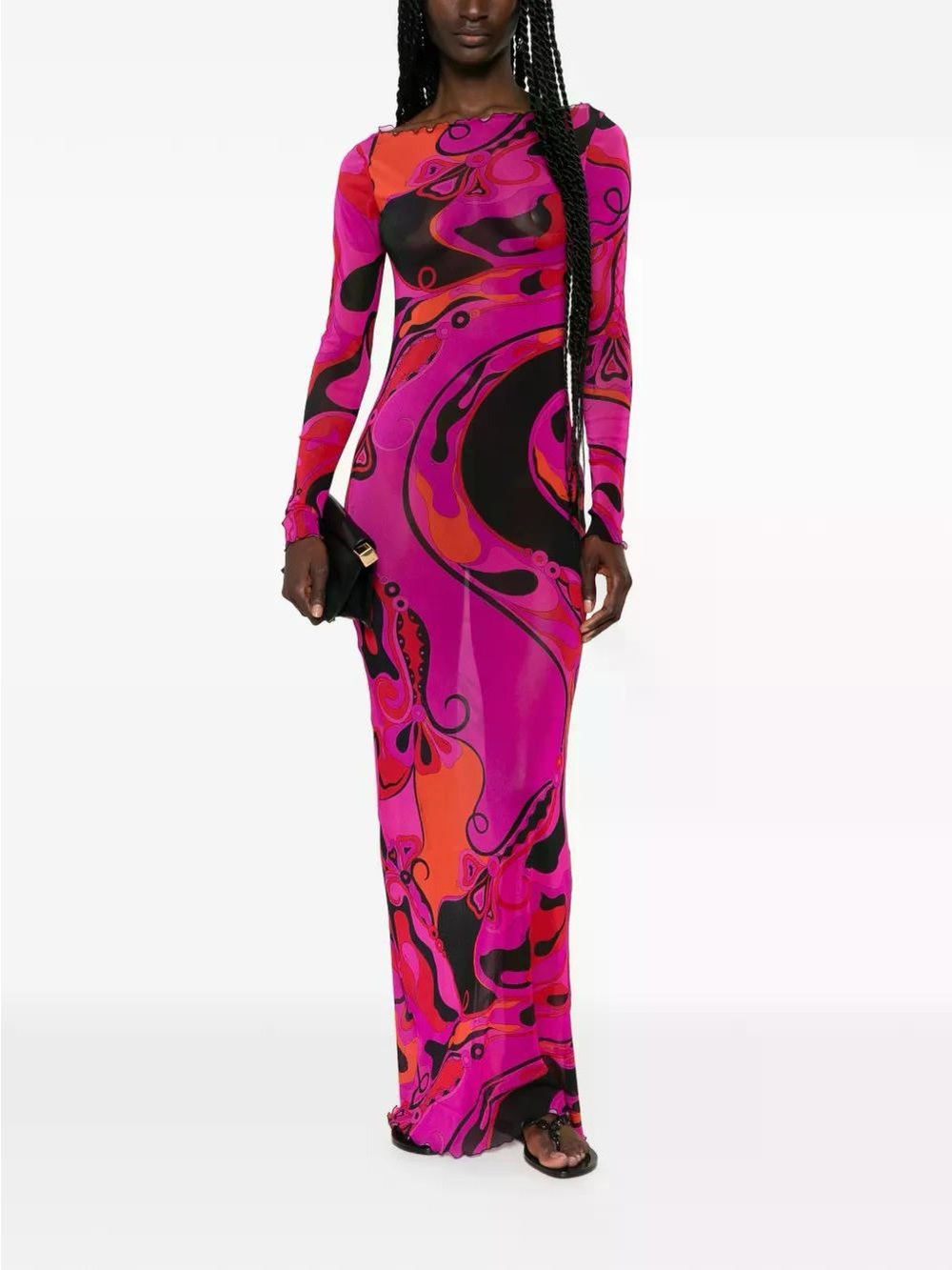Emilio Pucci Fuchsia, Orange & Black Abstract-Print Long Sleeve Maxi Dress